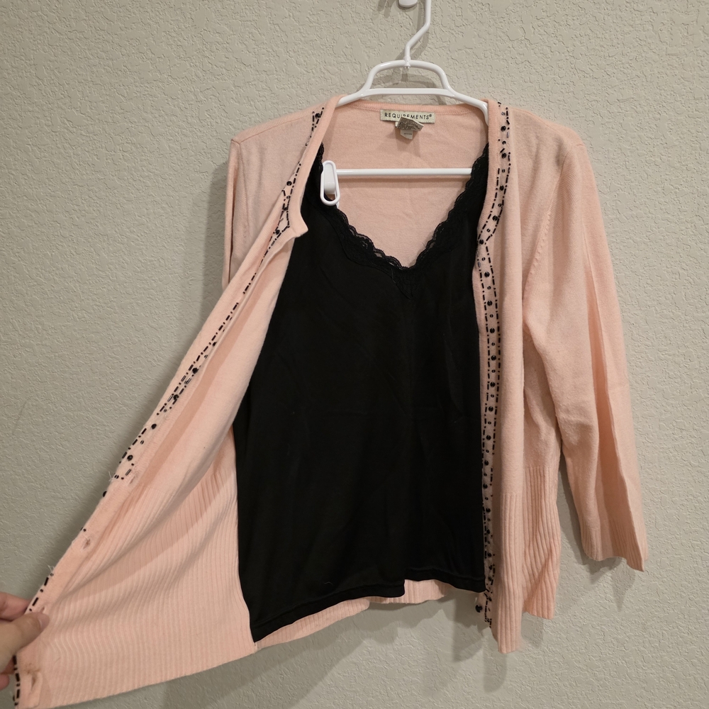 Requirements Pink Cardigan with Black Lace-Trim Cami